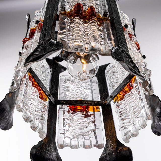 1960s Brutalist Pendant Lamp in Wrought Iron and Colored Murano Glass by Tom Ahlström & Hans Ehrich, Sweden, 1960s For Sale - Image 5 of 9