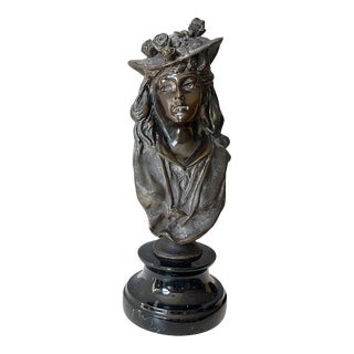 Antique Patinated Bronze & Marble Sculpture Bust of Edwardian Girl For Sale