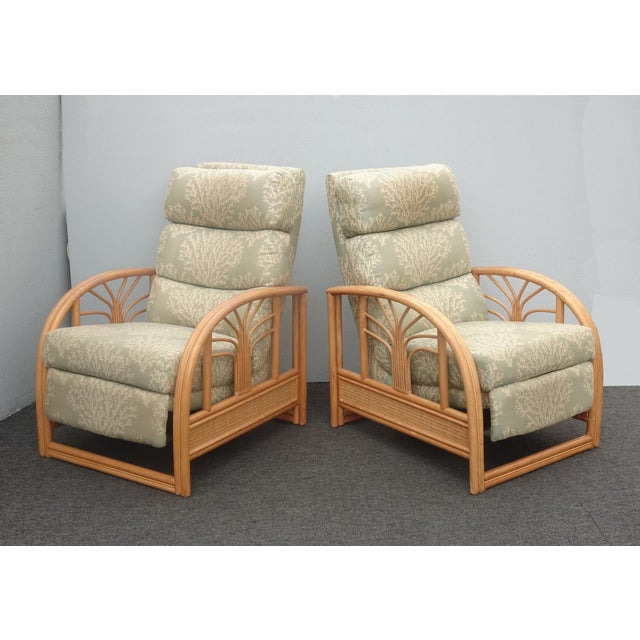 Coastal Chairs Pair of Vintage Mid Century Bamboo Rattan Braxton Culler Lounge Recliner Chairs For Sale - Image 3 of 12