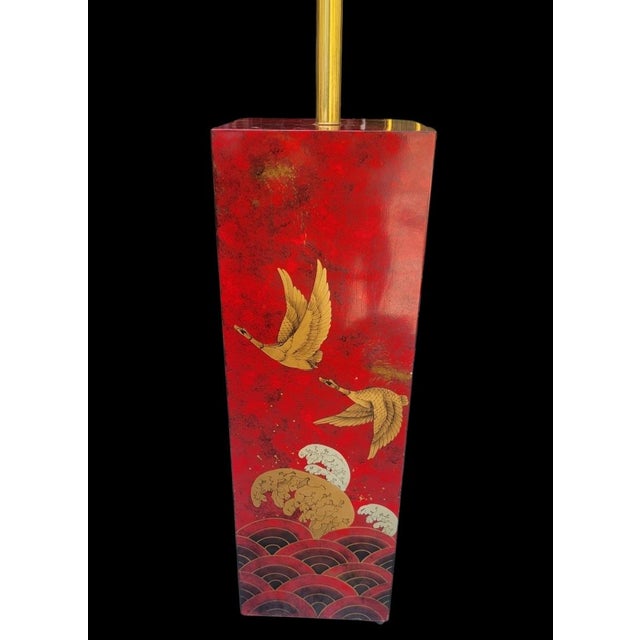 Tony Duquette Rare Vintage Chinoiserie Red Lacquered Pedestal Bird Floor Lamp With Huge Linen Shade For Sale - Image 4 of 12