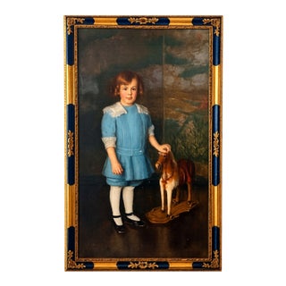 Adele Herter “Portrait of Child With Pull Toy Horse” – Oil on Canvas, Circa 1900 For Sale