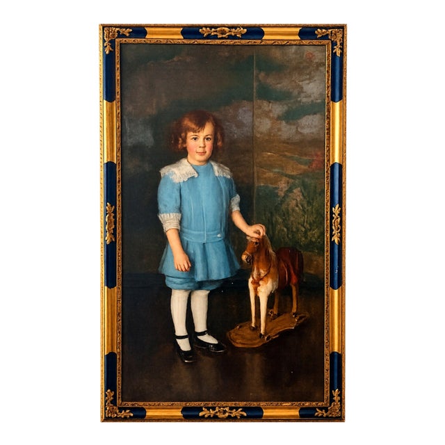 Adele Herter “Portrait of Child With Pull Toy Horse” – Oil on Canvas, Circa 1900 For Sale