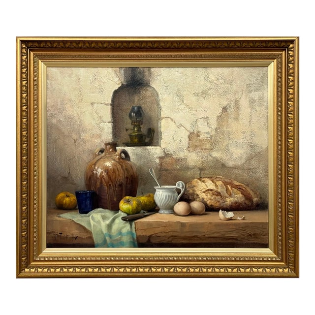Still Life with Fruit & Bread Rustic French Farmhouse Interior by French Artist 1992 Circa For Sale