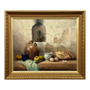 Still Life with Fruit & Bread Rustic French Farmhouse Interior by French Artist 1992 Circa