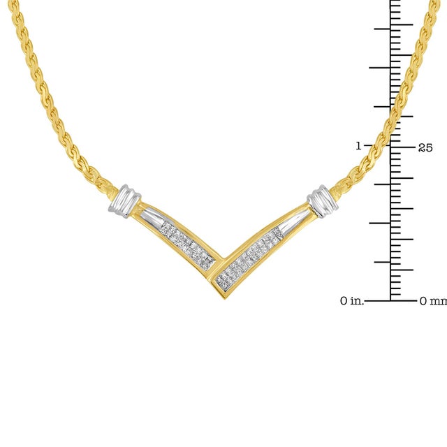 10K Yellow and White Gold 1/2 Cttw Princess Cut Diamond Channel-Set “V” Shape 18" Franco Chain Necklace (H-I Color, SI2-I1 Clarity) For Sale In New York - Image 6 of 6