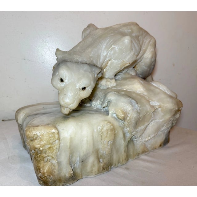 1910s Huge Antique Hand Carved Alabaster Stone Big Tiger Cat Lamp Sculpture Statue For Sale - Image 12 of 14