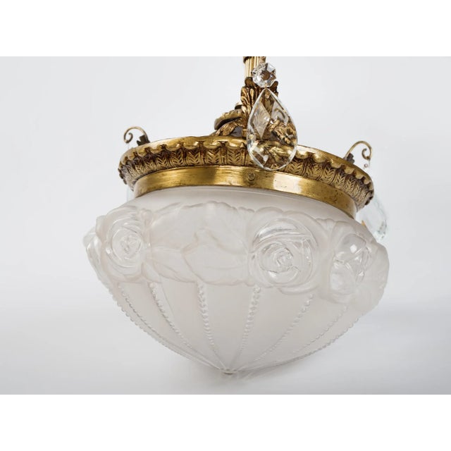 French 1930s Brass Pendant Light With Frosted Glass Shade For Sale - Image 3 of 9