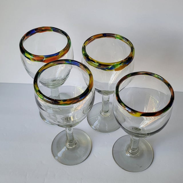 Late 20th Century Hand Blown Confetti Rim Mexican Wine Glasses- Set of ...