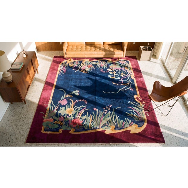 1920s Blue Navy Medallion Antique Chinese Art Deco Carpet 8' 9" X 11' 5" Knotted Wool Rug For Sale - Image 13 of 13