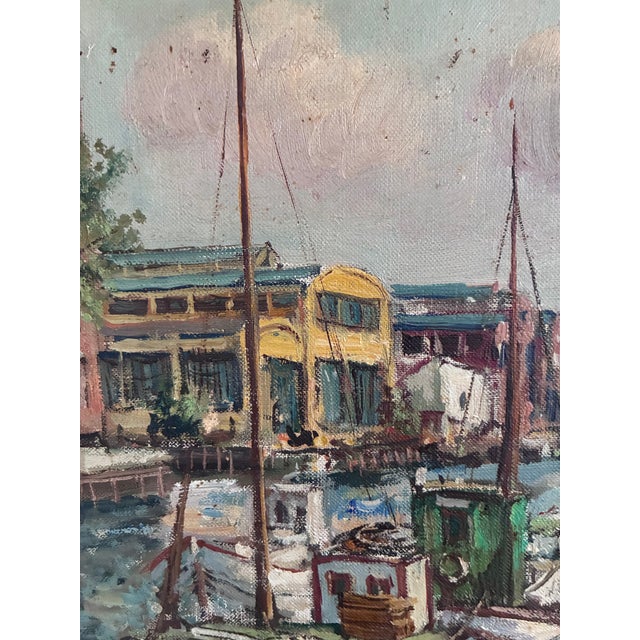 Vintage Original Scandinavian Harbor Oil Painting For Sale - Image 12 of 16