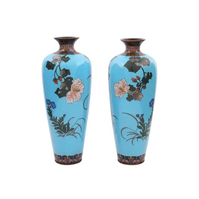 Pair of Large Antique Japanese Cloisonne Enamel Meiji Vases With Birds For Sale - Image 4 of 9