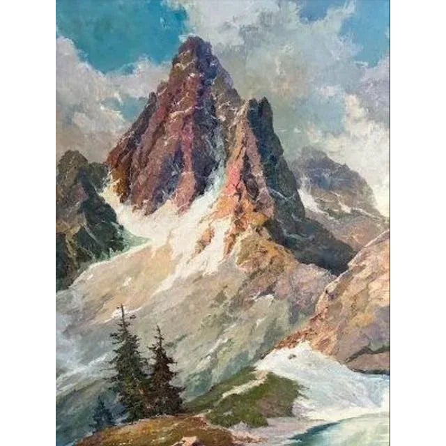 An oil on canvas mountain painting titled "Cimon della Pala" by Ralph Q. Koid — a dramatic Dolomites peak rendered in rich...