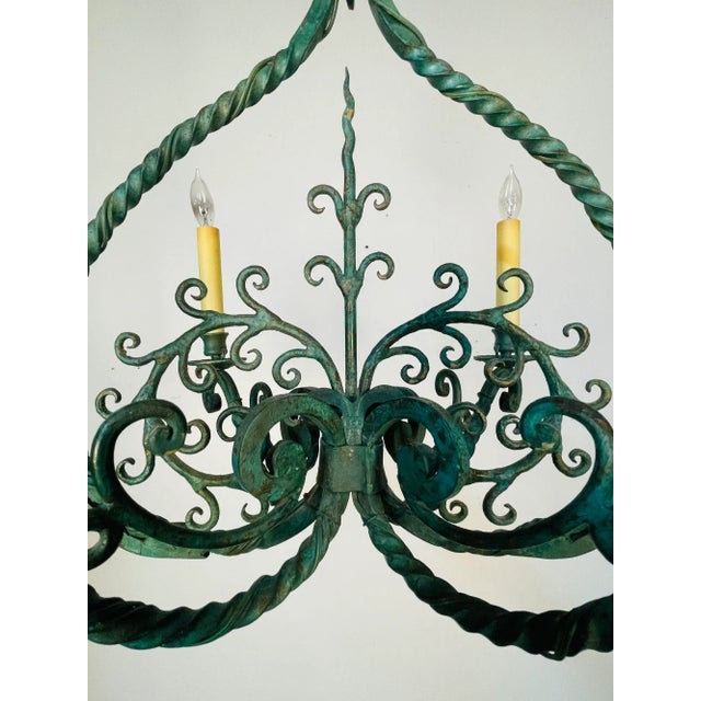 Wrought Iron Industrial Green Painted Chandelier, Circa 1930s For Sale - Image 4 of 11
