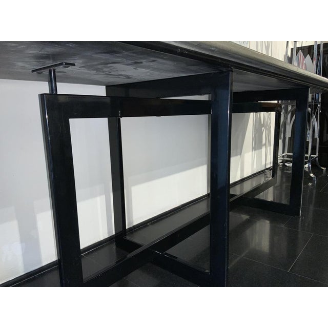 Large console table, warm olive green marble agglomerate top, matt black painted metal base. 250x65 cm, height 75 cm....