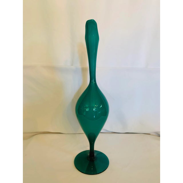 Mid-Century Modern Mid-Century Teal Over White Glass Pedestal Pitcher For Sale - Image 3 of 13