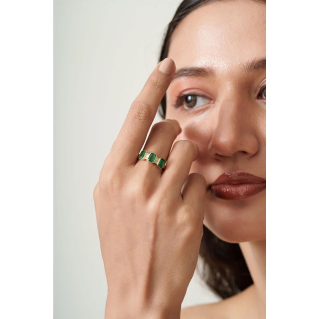 Natural Zambian Emerald Three Stone Ring With Diamond Accents in 14k Gold Size 4 For Sale - Image 10 of 15