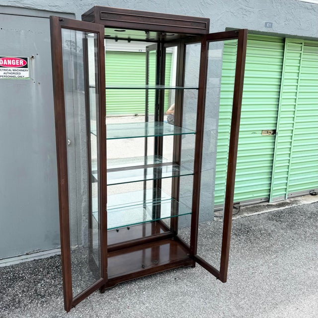 Vintage Campaign-Style Wood and Brass Lighted Curio Display Cabinet For Sale In West Palm - Image 6 of 10