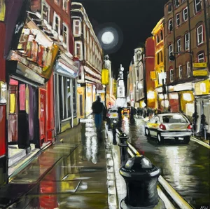 Modern Impressionist Painting of Soho London at Night - Unique Original Art by British Urban Landscape Artist, 2010