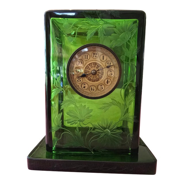 Antique Emerald Art Glass Crystal Art Nouveau Clock For Sale