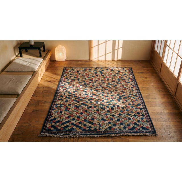 Textile 1930s Multicolor Diamond Tribal Hand Knotted Antique Persian Gabbeh Rug 4'4" X 7' Wool Carpet For Sale - Image 7 of 7