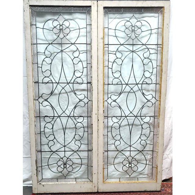 Pair of Early 20th Century Leaded and Textured Glass Cabinet Doors / Windows For Sale - Image 11 of 11