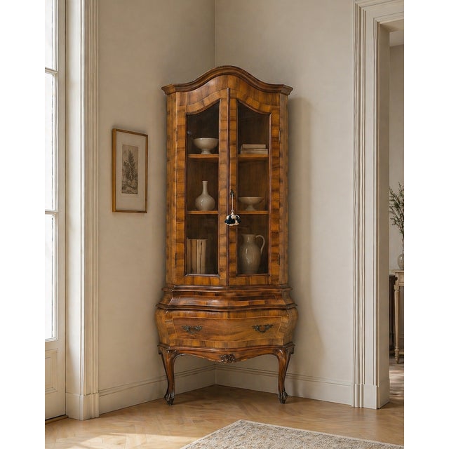 Brown 20th Century Italian Walnut Burl Corner Cabinet with Inlaid Wood and Glass Doors, 1890s For Sale - Image 8 of 9
