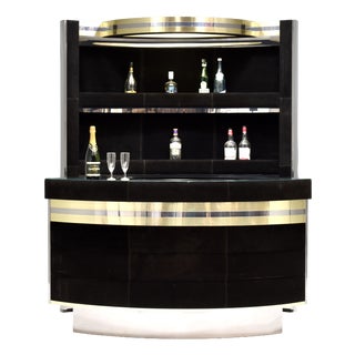 Hollywood Regency Bar in Black Suede, Brass and Chrome, 1970s For Sale