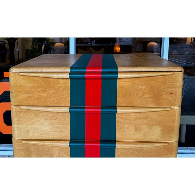 Wood Mid 20th Century Heywood Wakefield Tall Maple Chest, Painted Stripes. 5 Drawer For Sale - Image 7 of 9
