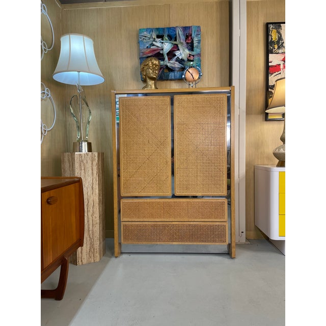 1970s John Stuart Modern Oak and Caned Front Chrome Trim Gentlemen's Tall Dresser For Sale - Image 5 of 12