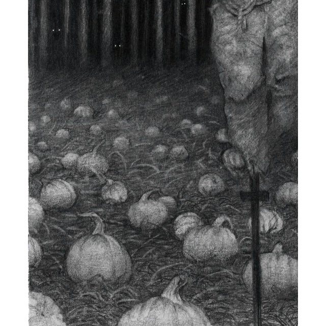 Figurative Scarecrow by Timothy Von Rueden and Babs Webb | Powdered graphite on bristol depicting a scarecrow in a pumpkin field. For Sale - Image 3 of 5