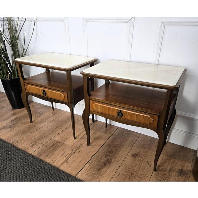 1950s Mid-Century Modern Italian Wood Bedside Tables with Marble Tops, 1950s, Set of 2 For Sale - Image 5 of 10