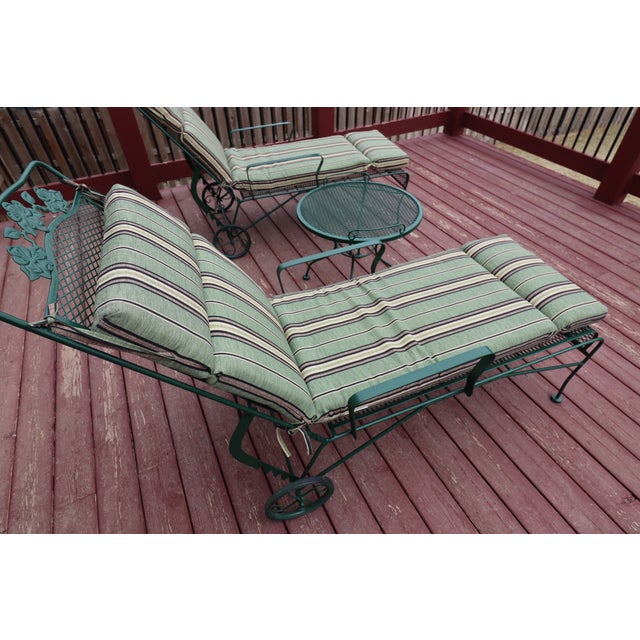Mid 20th Century Attributed to Russell Woodard Wrought Iron Chaise Loungers With Removable Service Table For Sale - Image 15 of 16