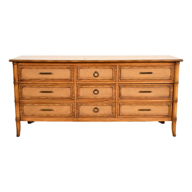Thomasville Mid-Century Modern Hollywood Regency Faux Bamboo and Rattan Dresser or Credenza, Circa 1970s For Sale