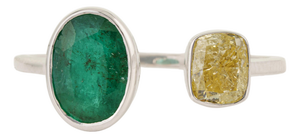 Modern Toi Et Moi Emerald & Yellow Diamond Bypass Ring Size 5, 1.88ct in 18k White Gold