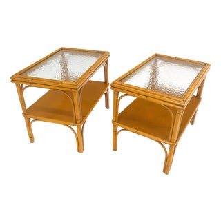 Pair c1970s Bamboo Rattan Two Tier Rippled Glass Top Rectangle End Side Tables For Sale