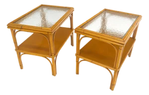 Pair c1970s Bamboo Rattan Two Tier Rippled Glass Top Rectangle End Side Tables