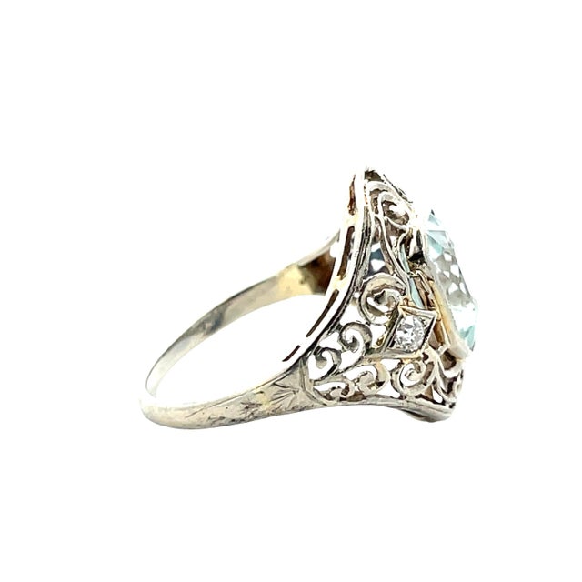 Metal 18k Solid White Gold Aquamarine & Old Mine Cut Diamond Antique Filigree Ring, Size 4.25 For Sale - Image 7 of 8