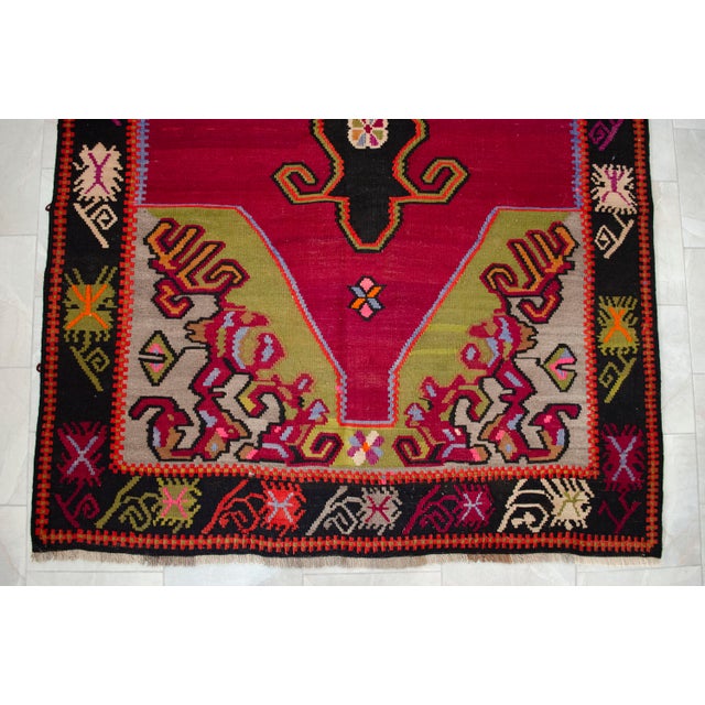 Magenta Handwoven Turkish Kilim Rug Anatolian Tribal Magenta Rug - 6′2″ X 13′3″ For Sale - Image 8 of 12