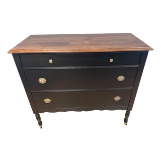 Restored 19th-Century American Empire Revival 3-Drawer Chest in Carbon Black & Walnut For Sale