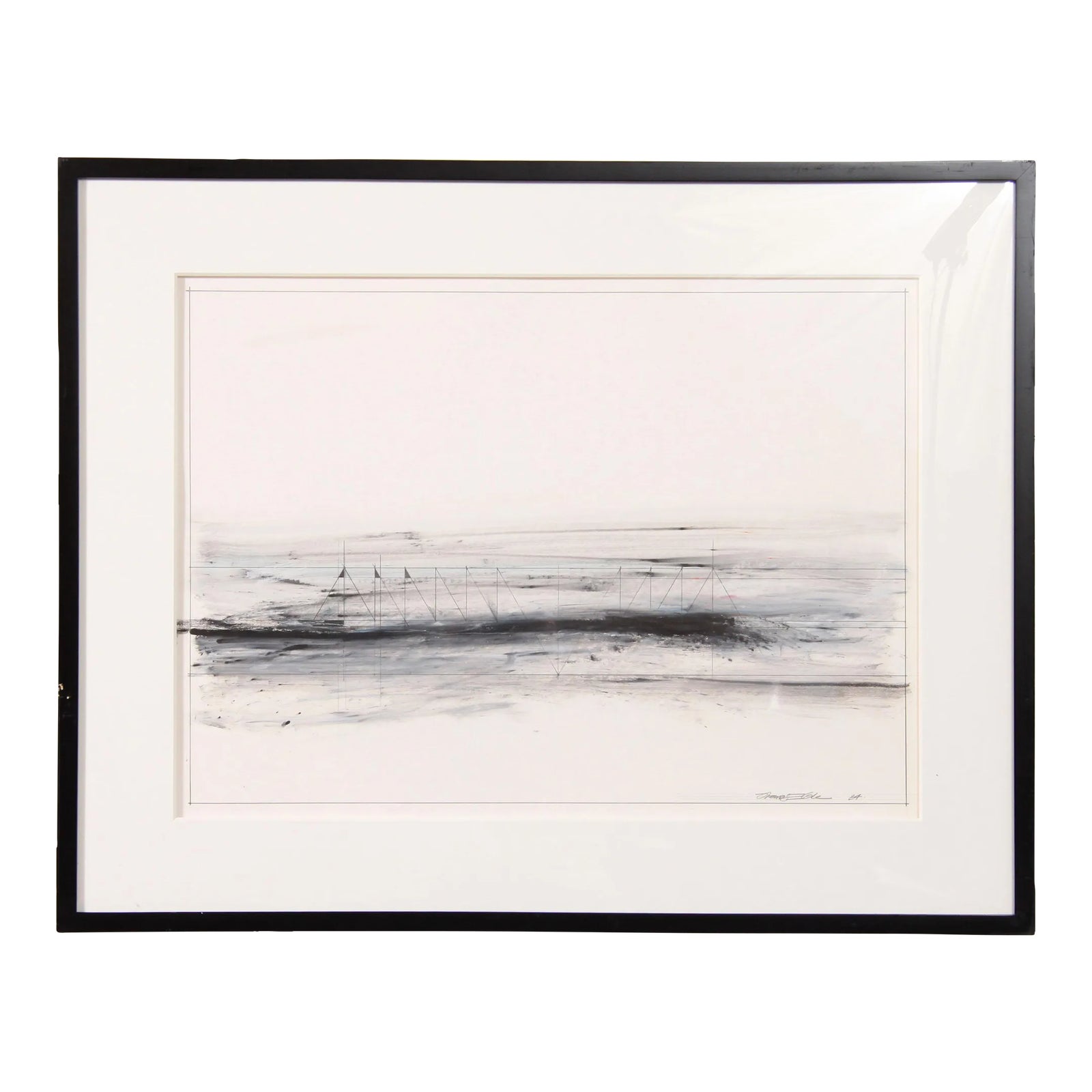 Vintage Modernist Graphite and Tempera on Paper Constructivist Painting