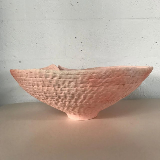 Artist made coil and pinch ceramic bowl, signed Terry, circa 1980s pink with blue splatter glaze.