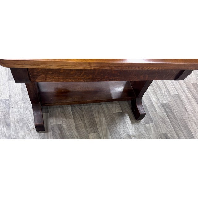 Antique Mission Oak Trestle Pedestal Base Library Table Console Hall Table For Sale - Image 14 of 14