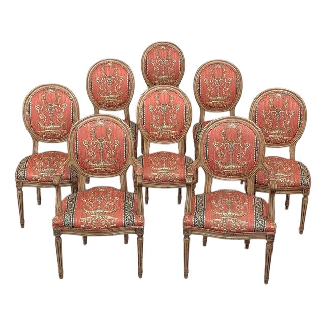 Set of 8 French Louis XVI Fruitwood Dining Chairs Includes 2 Armchairs For Sale