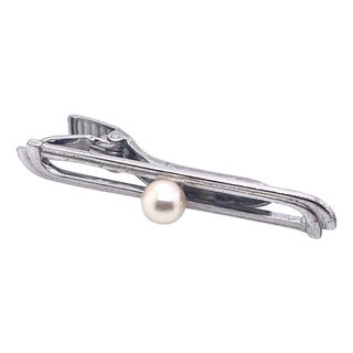 1990s Mikimoto Estate Akoya Pearl Tie Bar Sterling Silver 5.91 Grams For Sale