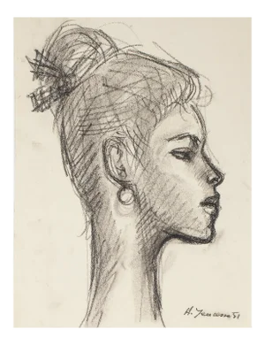 Portrait of Woman - Pencil and Charcoal Drawing by H. Yencesse - 1951 1951