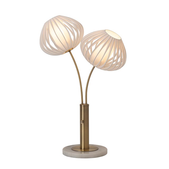 1990s 1990s Modern Style Bloom Pair Light Brass Table Lamp - Weathered Brass, White Marble Base, White Satin Shade For Sale - Image 5 of 8