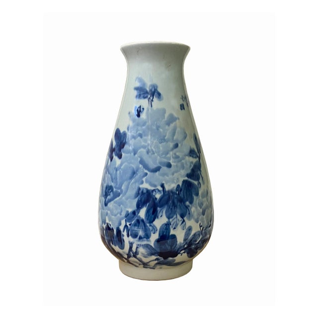 Ceramic Asian Peony Flower Painter Prosperity and Wealth Blue and White Porcelain Tall Vase For Sale - Image 7 of 7