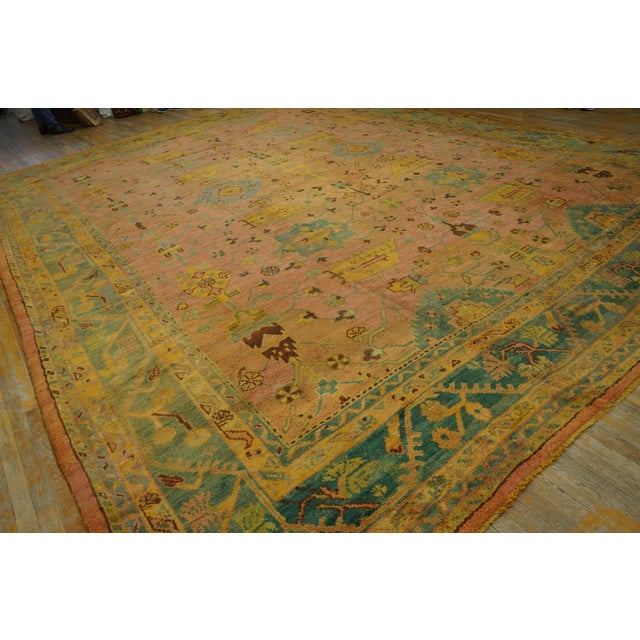 Tribal 1900s Rose Pink Large Scale Tribal Antique Turkish Oushak Rug 14'2" X 18'4" Handknotted Wool Carpet For Sale - Image 3 of 11