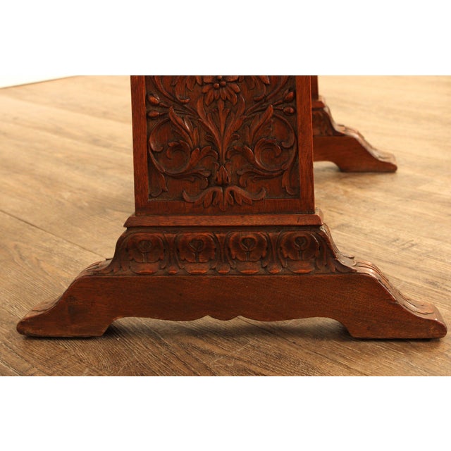 Antique Spanish Revival Carved Oak And Forged Iron Trestle Side Table For Sale - Image 11 of 14