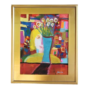Juan "Pepe" Maldonado Guzman (1948-2022) Abstract Portrait & Flowers in Blue Vase Oil Painting W/ Gold Leaf Frame